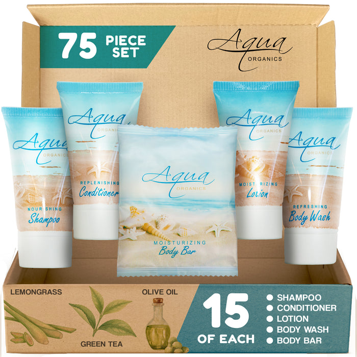 Aqua Organics Hotel Soaps and Toiletries Bulk Set | 1-Shoppe All-In-Kit Amenities for Hotels & Airbnb | 1oz Hotel Shampoo & Conditioner, Body Wash, Body Lotion & 1oz Bar Soap Travel Size | 75 Pieces