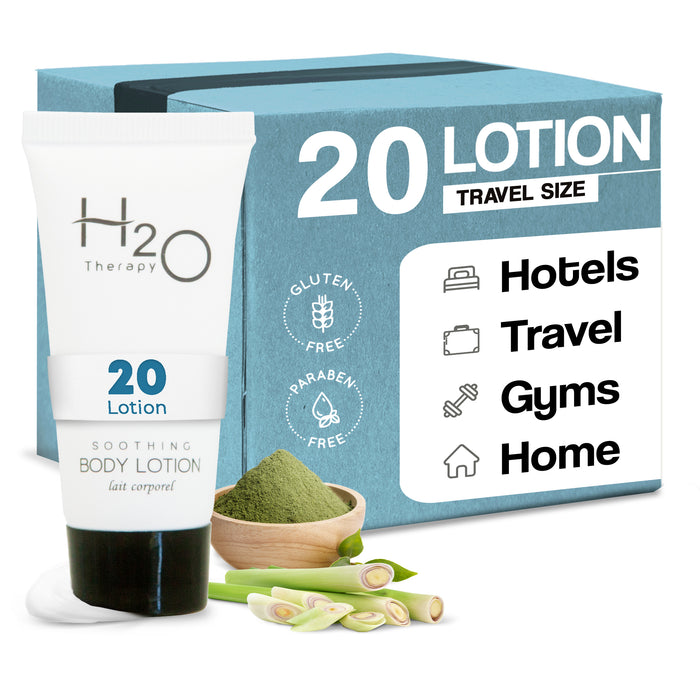 Travel Size Hotel Body Lotion 20 Count 0.85 oz Bottles Guest Amenities for Hotels Vacation Rentals and Short Term Rentals Paraben Free Green Tea Scent Infused with Aloe and Olive Oil by H2O Therapy
