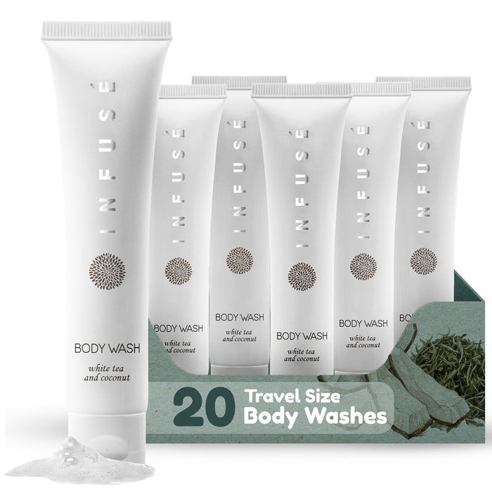 Travel Size Hotel Body Wash 20 Count 1 oz Bottles Guest Amenities for Hotels Vacation Rentals and Short Term Rentals Paraben Free White Tea and Coconut Scent Infused with Aloe and Olive Oil by INFUSE