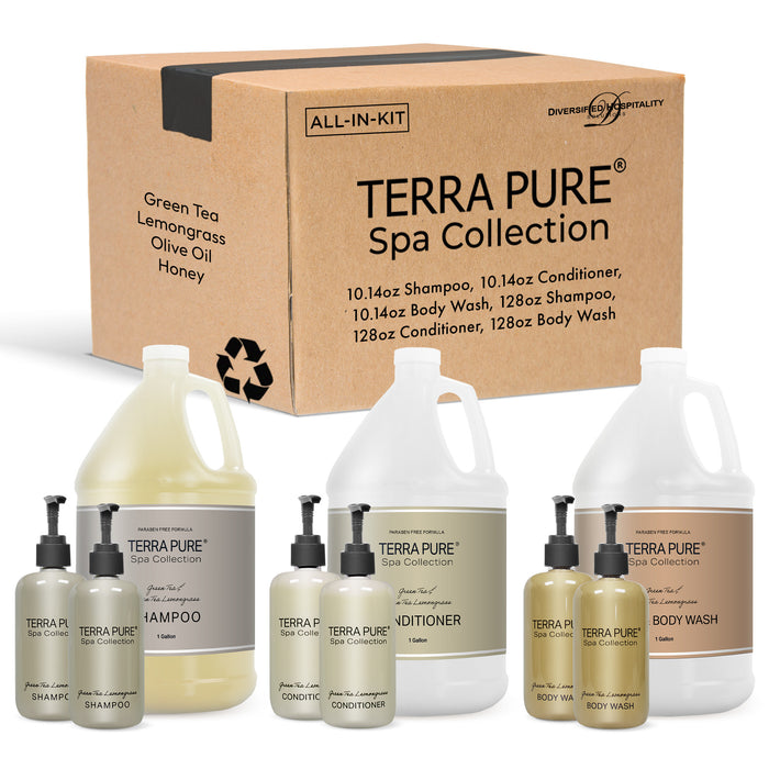 Terra Pure Spa Collection Gallon & Dispenser Set | All-In-Kit | Shampoo Conditioner Body Wash Gallon | Refillable 10.14 oz. Matching Pump Bottles