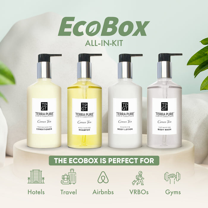 A 40 Piece EcoBox All-in-Kit of our Terra Pure Green Tea 10.14 oz. 300 ml Bottles-12 Shampoos, 8 Conditioners, 12 Body Washes, & 8 Lotions.