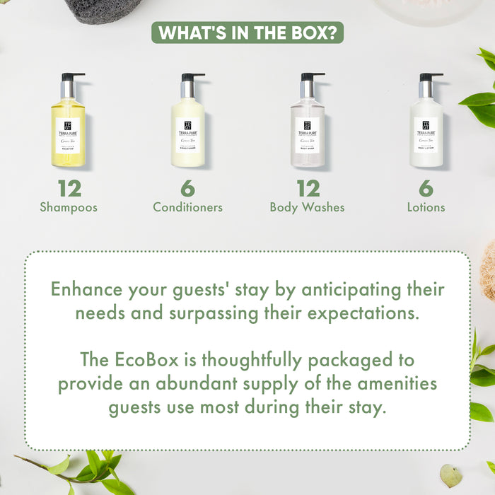 A 40 Piece EcoBox All-in-Kit of our Terra Pure Green Tea 10.14 oz. 300 ml Bottles-12 Shampoos, 8 Conditioners, 12 Body Washes, & 8 Lotions.