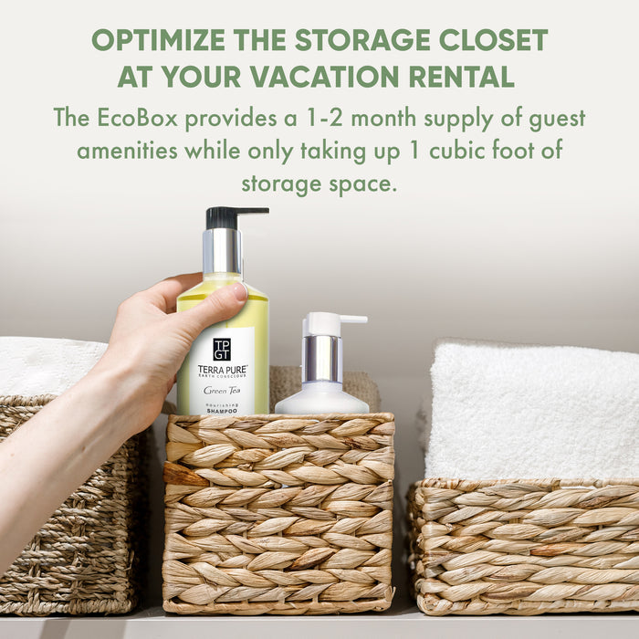 A 20 Piece EcoBox All-in-Kit of our Terra Pure Green Tea 10.14 oz. 300 ml Bottles--6 Shampoos, 4 Conditioners, 6 Body Washes, & 4 Lotions.