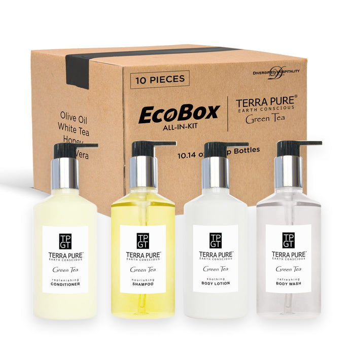 A 10 Piece EcoBox All-in-Kit of our Terra Pure Green Tea 10.14 oz. 300 ml Bottles--3 Shampoos, 2 Conditioners, 3 Body Washes, & 2 Lotions.