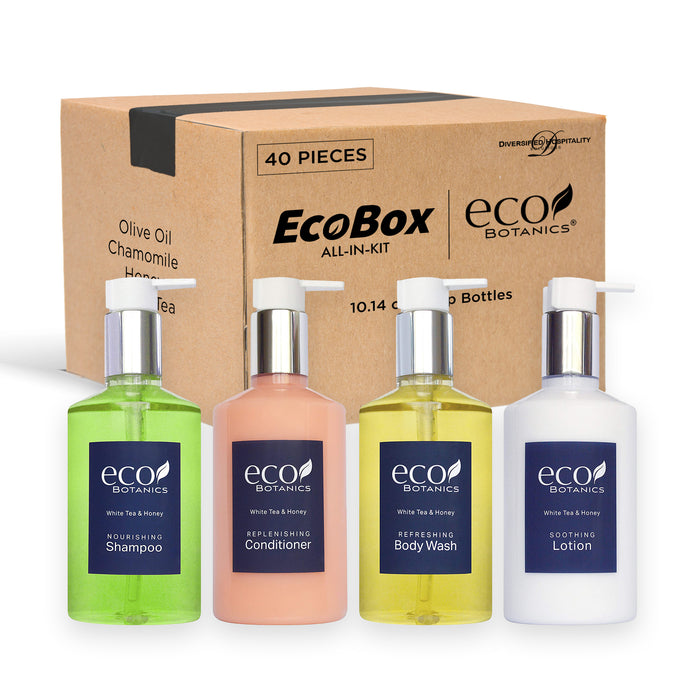 A 40 Piece EcoBox All-in-Kit of our Eco Botanics 10.14 oz. 300 ml Bottles--12 Shampoos, 8 Conditioners, 12 Body Washes, & 8 Lotions.