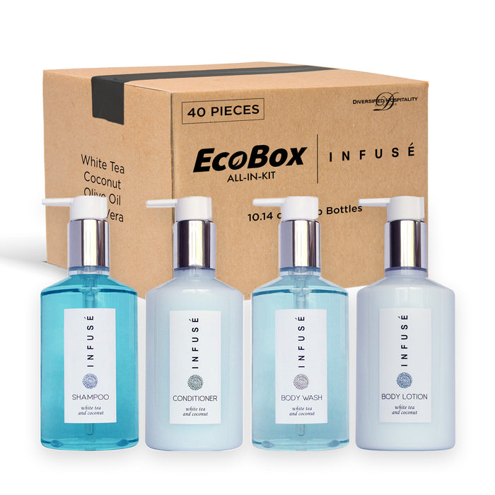 A 40 Piece EcoBox All-in-Kit of our Infuse 10.14 oz. 300 ml Bottles--12 Shampoos, 8 Conditioners, 12 Body Washes, & 8 Lotions.