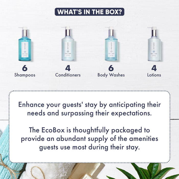 A 20 Piece EcoBox All-in-Kit of our Infuse 10.14 oz. 300 ml Bottles--6 Shampoos, 4 Conditioners, 6 Body Washes, & 4 Lotions.