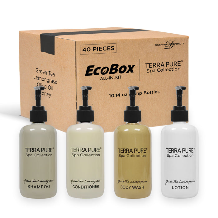 A 40 Piece EcoBox All-in-Kit of our Terra Pure Spa Collection 10.14 oz. 300 ml Bottles--12 Shampoos, 8 Conditioners, 12 Body Washes, & 8 Lotions.