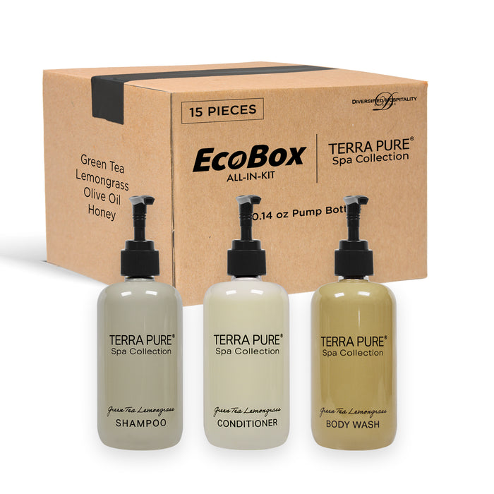 A 15 Piece EcoBox All-in-Kit of our Terra Pure Spa Collection 10.14 oz. 300 ml Bottles--6 Shampoos, 3 Conditioners, & 6 Body Washes