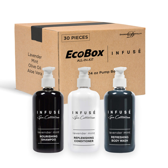 A 30 Piece EcoBox All-in-Kit of our Infuse Lavender Mint 10.14 oz. 300 ml Bottles--12 Shampoos, 6 Conditioners, & 12 Body Washes
