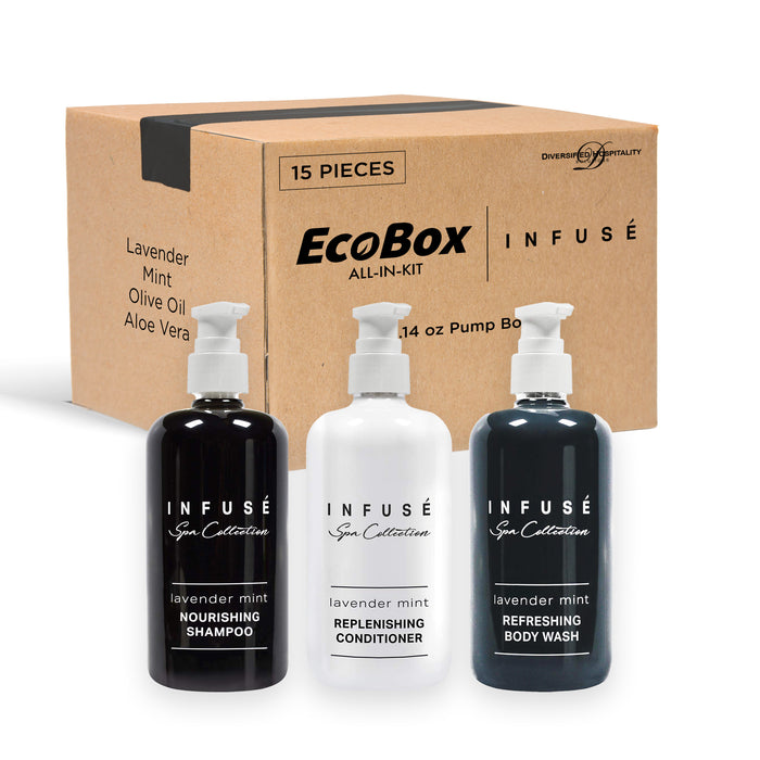 A 15 Piece EcoBox All-in-Kit of our Infuse Lavender Mint 10.14 oz. 300 ml Bottles--6 Shampoos, 3 Conditioners, & 6 Body Washes