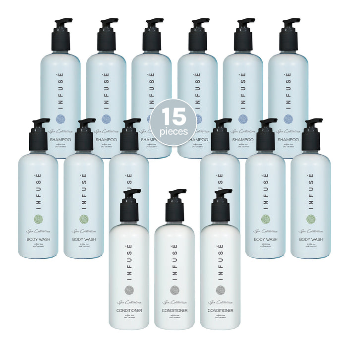 A 15 Piece EcoBox All-in-Kit of our Aquavera 10.14 oz. 300 ml Bottles--6 Shampoos, 3 Conditioners, & 6 Body Washes