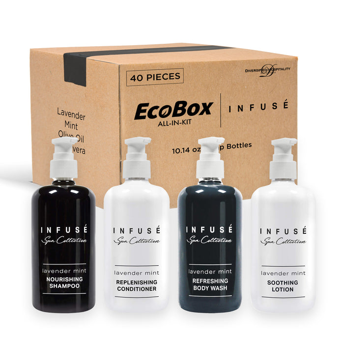 A 40 Piece EcoBox All-in-Kit of our Infuse Lavender Mint 10.14 oz. 300 ml Bottles--12 Shampoos, 8 Conditioners, 12 Body Washes, & 8 Lotions.