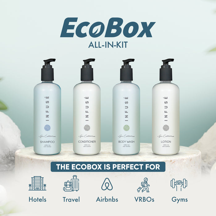 A 40 Piece EcoBox All-in-Kit of our Aquavera 10.14 oz. 300 ml Bottles--12 Shampoos, 8 Conditioners, 12 Body Washes, & 8 Lotions.