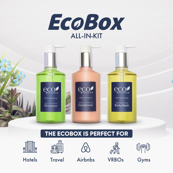 A 15 Piece EcoBox All-in-Kit of our Eco Botanics 10.14 oz. 300 ml Bottles--6 Shampoos, 3 Conditioners, & 6 Body Washes