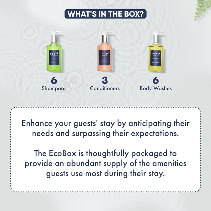 A 15 Piece EcoBox All-in-Kit of our Eco Botanics 10.14 oz. 300 ml Bottles--6 Shampoos, 3 Conditioners, & 6 Body Washes