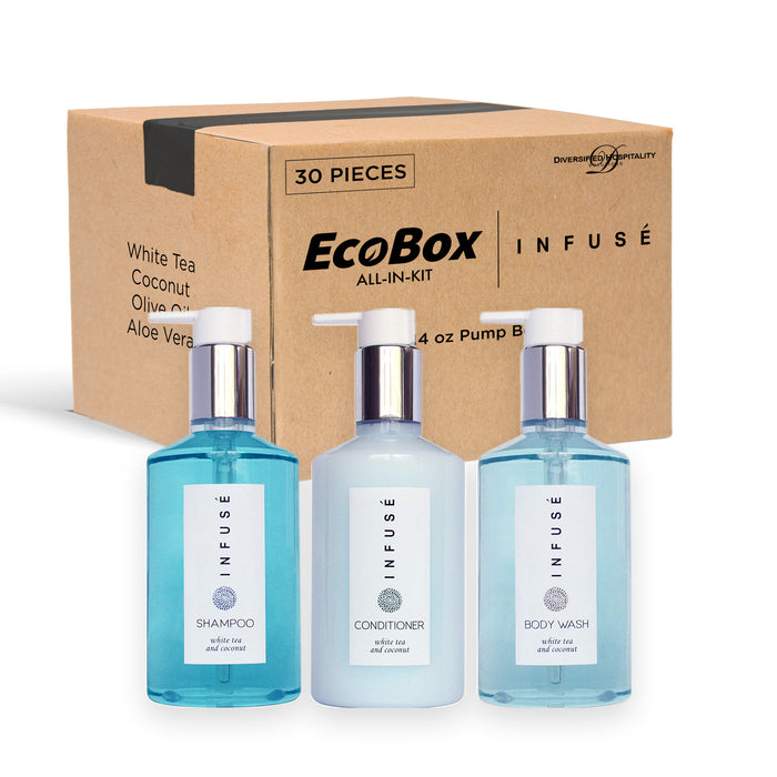 A 30 Piece EcoBox All-in-Kit of our Infuse 10.14 oz. 300 ml Bottles--12 Shampoos, 6 Conditioners, & 12 Body Washes