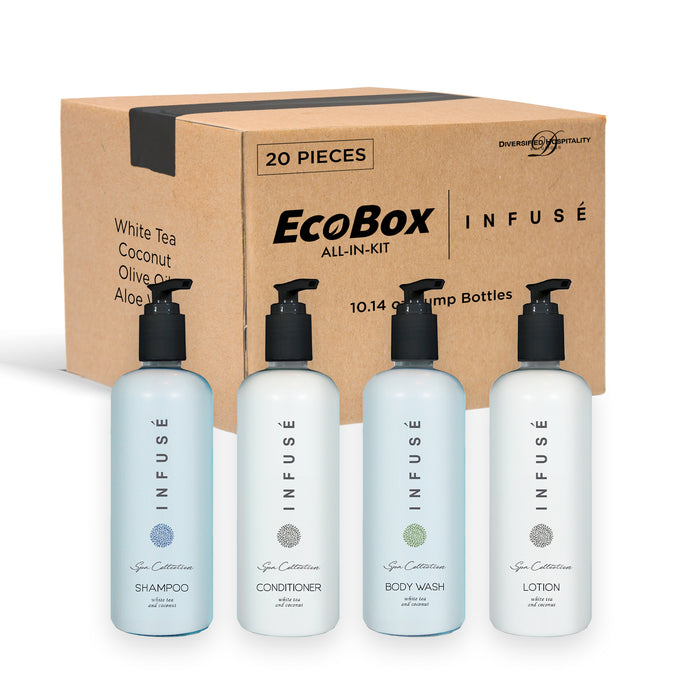 A 20 Piece EcoBox All-in-Kit of our Aquavera 10.14 oz. 300 ml Bottles--6 Shampoos, 4 Conditioners, 6 Body Washes, & 4 Lotions.