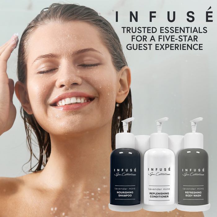 Infuse Lavender Mint | Wall-Mounted No Drill Shower Soap Amenities Dispenser | 10.14 oz. / 300 ml Bottles | Tamper Proof Locking Bracket | 1 Bracket with Shampoo, Conditioner and Body Wash