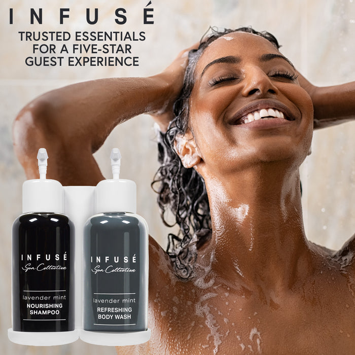 Infuse Lavender Mint | Wall-Mounted No Drill Shower Soap Amenities Dispenser | 10.14 oz. / 300 ml Bottles | Tamper Proof Locking Bracket | 1 Bracket with Shampoo and Body Wash