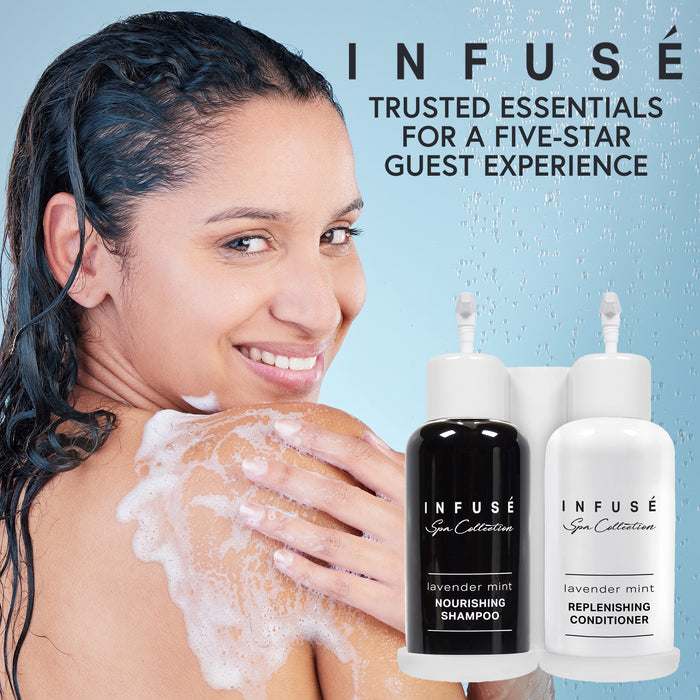 Infuse Lavender Mint | Wall-Mounted No Drill Shower Soap Amenities Dispenser | 10.14 oz. / 300 ml Bottles | Tamper Proof Locking Bracket | 1 Bracket with Shampoo and Conditioner