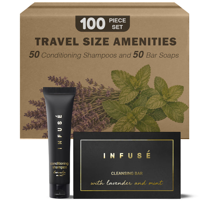 Infuse Black Hotel Soaps and Toiletries Bulk Set | 1-Shoppe All-In-Kit Amenities for Hotels & Airbnb | 1 oz Hotel Cleansing Bar and Conditioning Shampoo Travel Size | 100 Pieces