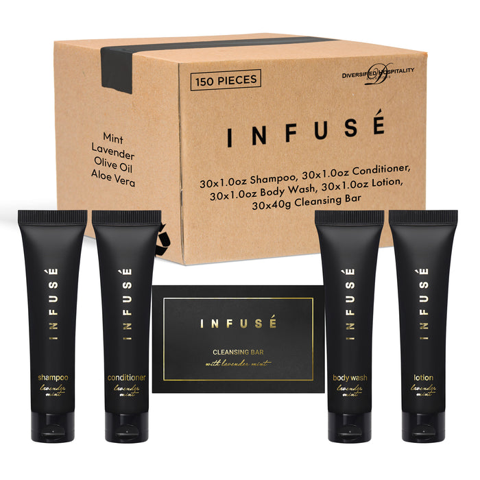 Infuse Black Hotel Soaps and Toiletries Bulk Set | 1-Shoppe All-In-Kit Amenities for Hotels & Airbnb | 1 oz Hotel Shampoo & Conditioner, Body Wash, Lotion & 1.25 oz Bar Soap Travel Size | 150 Pieces