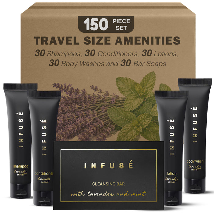Infuse Black Hotel Soaps and Toiletries Bulk Set | 1-Shoppe All-In-Kit Amenities for Hotels & Airbnb | 1 oz Hotel Shampoo & Conditioner, Body Wash, Lotion & 1.25 oz Bar Soap Travel Size | 150 Pieces