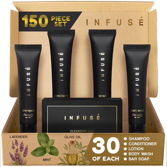 Infuse Black Hotel Soaps and Toiletries Bulk Set | 1-Shoppe All-In-Kit Amenities for Hotels & Airbnb | 1 oz Hotel Shampoo & Conditioner, Body Wash, Lotion & 1.25 oz Bar Soap Travel Size | 150 Pieces
