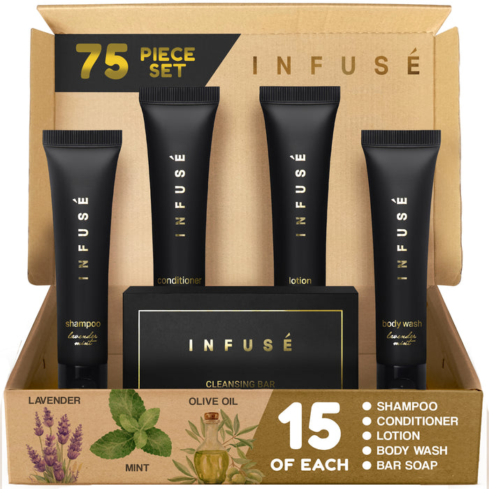 Infuse Black Hotel Soaps and Toiletries Bulk Set | 1-Shoppe All-In-Kit Amenities for Hotels & Airbnb | 1 oz Hotel Shampoo & Conditioner, Body Wash, Lotion & 1.25 oz Cleansing Bar Travel Size | 75 Pieces