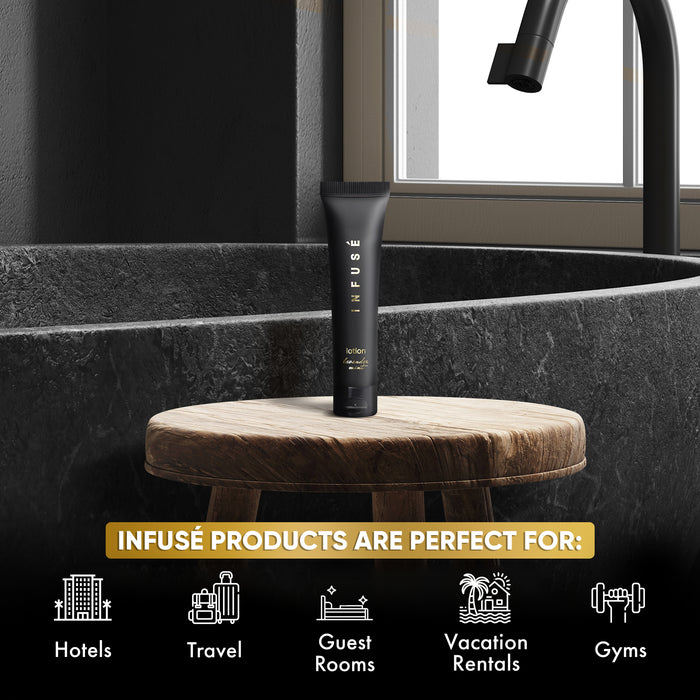 Infuse Black Hotel Toiletries Bulk, Amenities for Guest Hospitality, Motel, AirBnB, Gym, Luxury, Airport | Travel-Size Hotel Conditioner 1 oz (Case of 20)