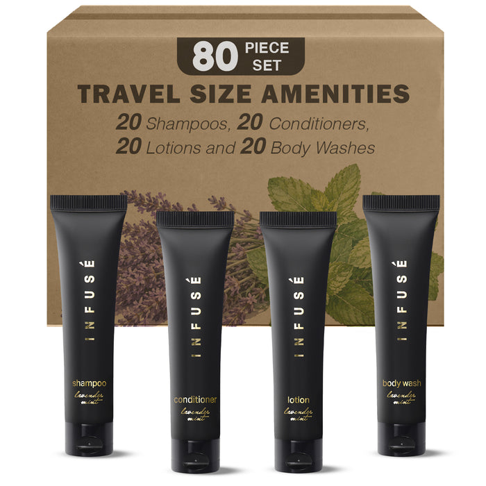 Infuse Black Hotel Soaps and Toiletries Bulk Set | 1-Shoppe All-In-Kit Amenities for Hotels & Airbnb | 1 oz Hotel Shampoo & Conditioner, Body Wash & Lotion Travel Size | 80 Pieces