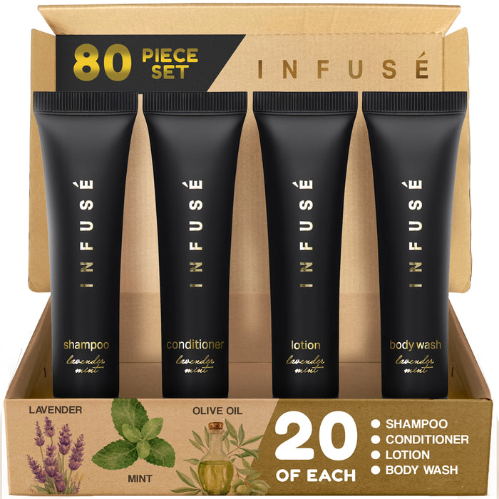 Infuse Black Hotel Soaps and Toiletries Bulk Set | 1-Shoppe All-In-Kit Amenities for Hotels & Airbnb | 1 oz Hotel Shampoo & Conditioner, Body Wash & Lotion Travel Size | 80 Pieces