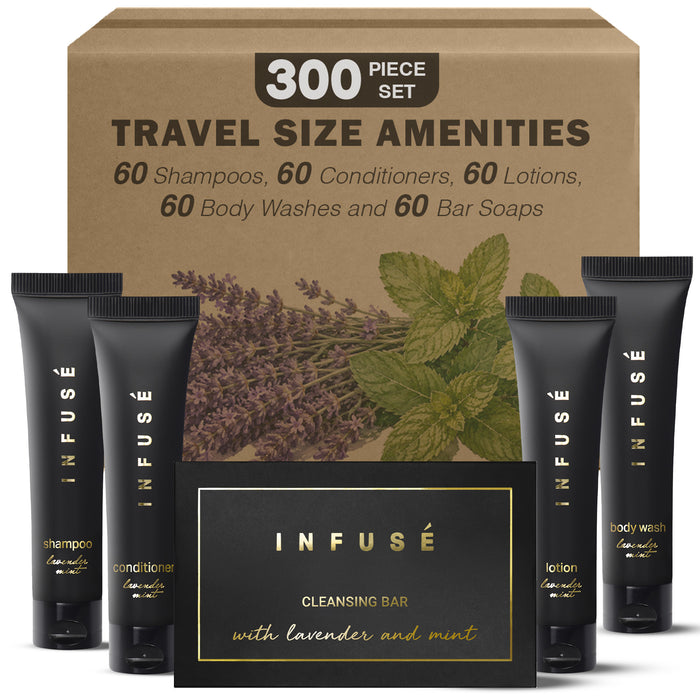 Infuse Black Hotel Soaps and Toiletries Bulk Set | 1-Shoppe All-In-Kit Amenities for Hotels & Airbnb | 1 oz Hotel Shampoo & Conditioner, Body Wash, Lotion & 1.25 oz Bar Soap Travel Size | 300 Pieces