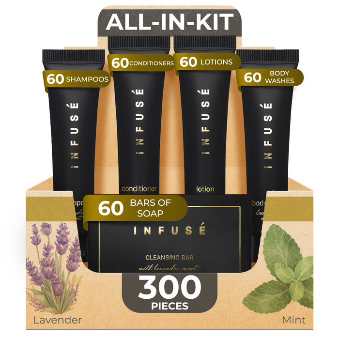 Infuse Black Hotel Soaps and Toiletries Bulk Set | 1-Shoppe All-In-Kit Amenities for Hotels & Airbnb | 1 oz Hotel Shampoo & Conditioner, Body Wash, Lotion & 1.25 oz Bar Soap Travel Size | 300 Pieces