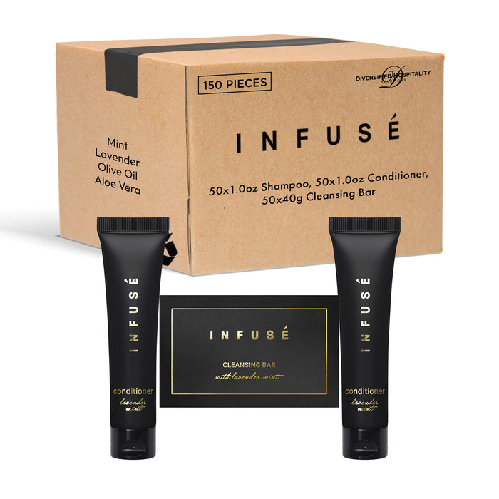 Infuse Black Hotel Soaps and Toiletries Bulk Set | 1-Shoppe All-In-Kit Amenities for Hotels & Airbnb | 1 oz Hotel Shampoo & Conditioner,  1.25 oz Cleansing Bar Travel Size | 150 Pieces