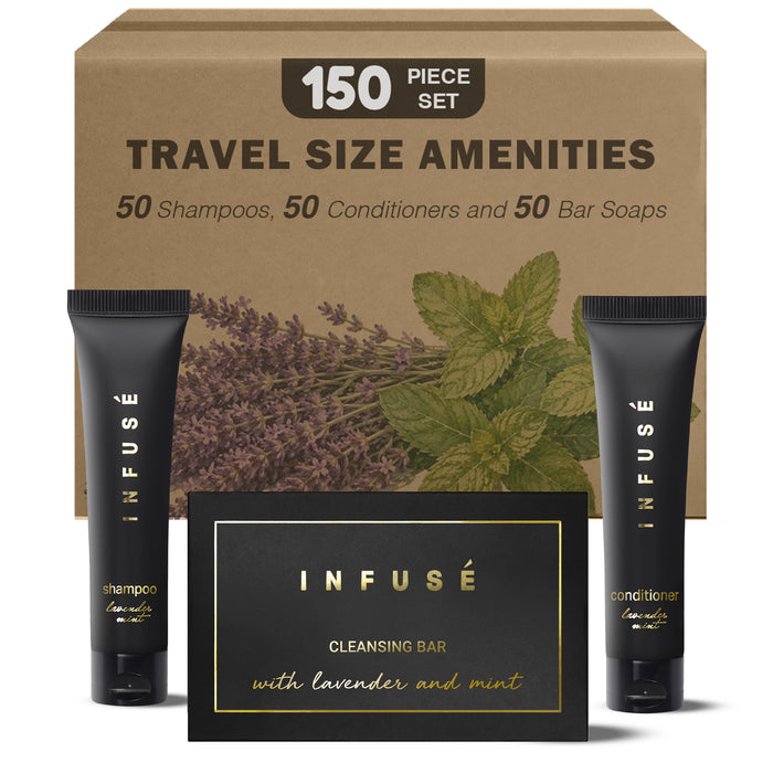 Infuse Black Hotel Soaps and Toiletries Bulk Set | 1-Shoppe All-In-Kit Amenities for Hotels & Airbnb | 1 oz Hotel Shampoo & Conditioner,  1.25 oz Cleansing Bar Travel Size | 150 Pieces