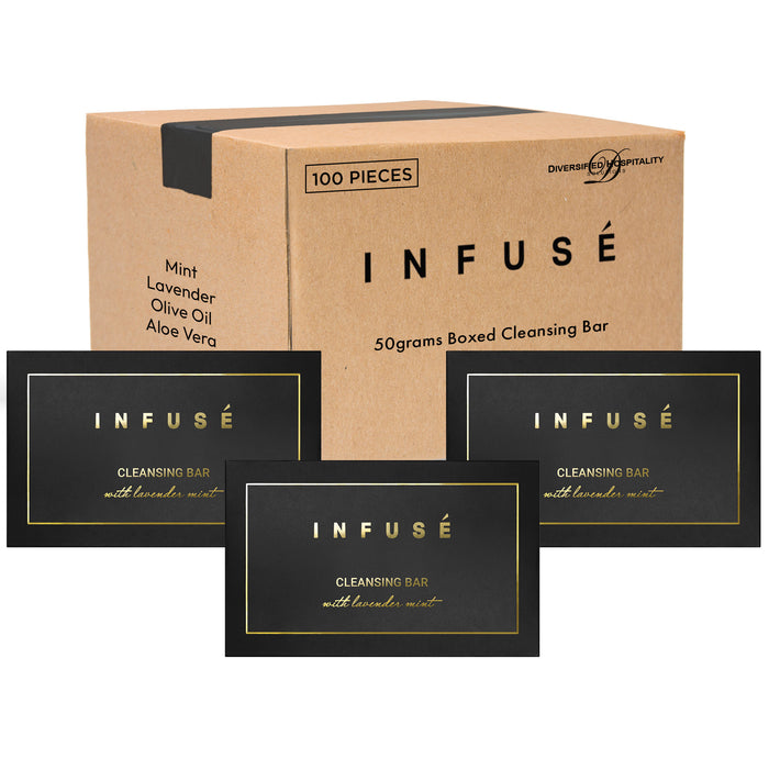 Infuse Black Hotel Toiletries Bulk, Amenities for Guest Hospitality, Motel, AirBnB, Gym, Luxury, Airport | Hotel Soap | Travel Size Toiletries Bulk Set for Airbnb Essentials | 50 gram Boxed Cleansing Bar Soap | 100 Pieces