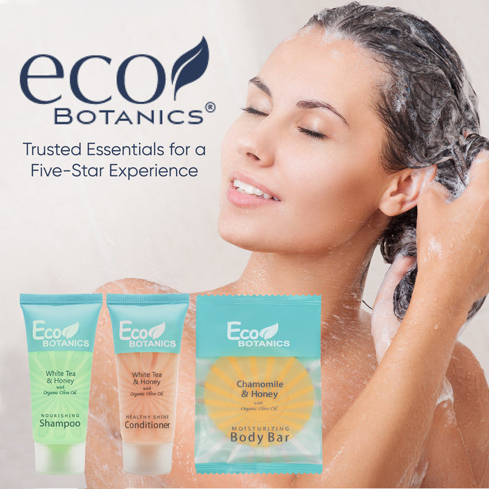 Eco Botanics Hotel Soaps and Toiletries Bulk Set | 1-Shoppe All-In-Kit Amenities for Hotels & Airbnb | 0.85 oz Hotel Shampoo & Conditioner, 0.89 oz Bar Soap Travel Size | 150 Pieces