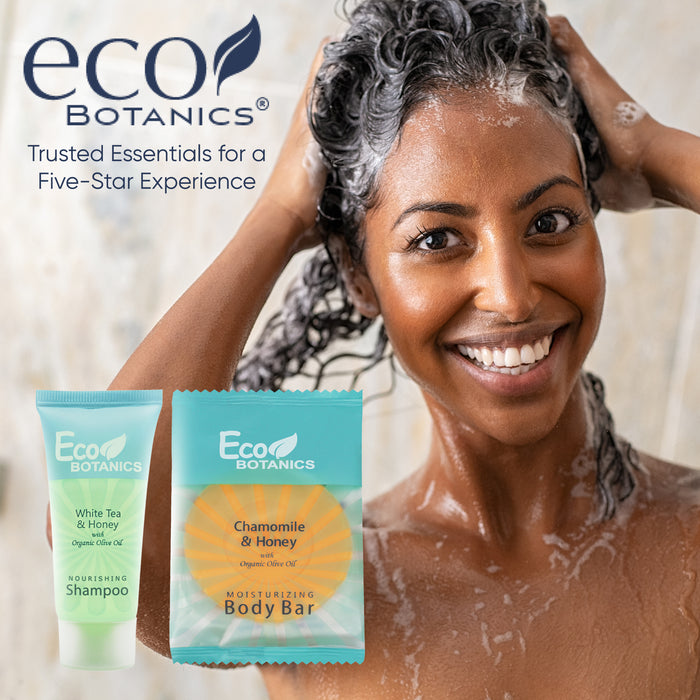 Eco Botanics Hotel Soaps and Toiletries Bulk Set | 1-Shoppe All-In-Kit Amenities for Hotels & Airbnb | 0.85 Conditioning Shampoo & 0.89 oz Bar Soap Travel Size | 100 pieces