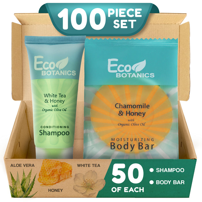Eco Botanics Hotel Soaps and Toiletries Bulk Set | 1-Shoppe All-In-Kit Amenities for Hotels & Airbnb | 0.85 Conditioning Shampoo & 0.89 oz Bar Soap Travel Size | 100 pieces