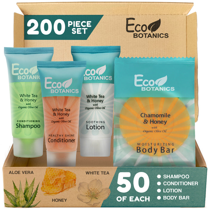 Eco Botanics Hotel Soaps and Toiletries Bulk Set | 1-Shoppe All-In-Kit Amenities for Hotels & Airbnb | 0.85 oz Hotel Shampoo, Conditioner & Lotion, 0.89 oz Bar Soap Travel Size | 200 Pieces
