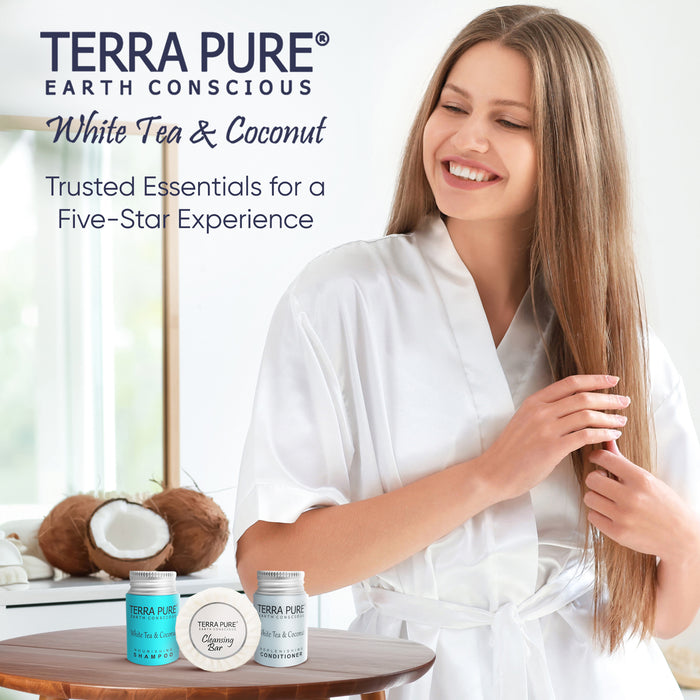 Terra Pure White Tea and Coconut Hotel Soaps and Toiletries Bulk Set | 1-Shoppe All-In-Kit Amenities for Hotels & Airbnb | 1 oz Hotel Shampoo & Conditioner, 1.25 oz Bar Soap Travel Size | 150 Pieces