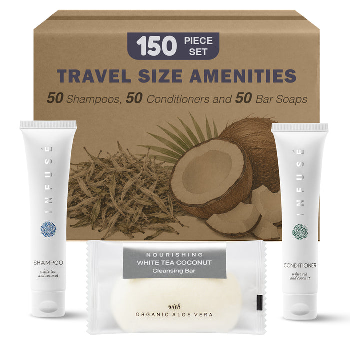 Infuse Hotel Soaps and Toiletries Bulk Set | 1-Shoppe All-In-Kit Amenities for Hotels & Airbnb | 1 oz Hotel Shampoo & Conditioner, 40 grams Bar Soap Travel Size | 150 Pieces