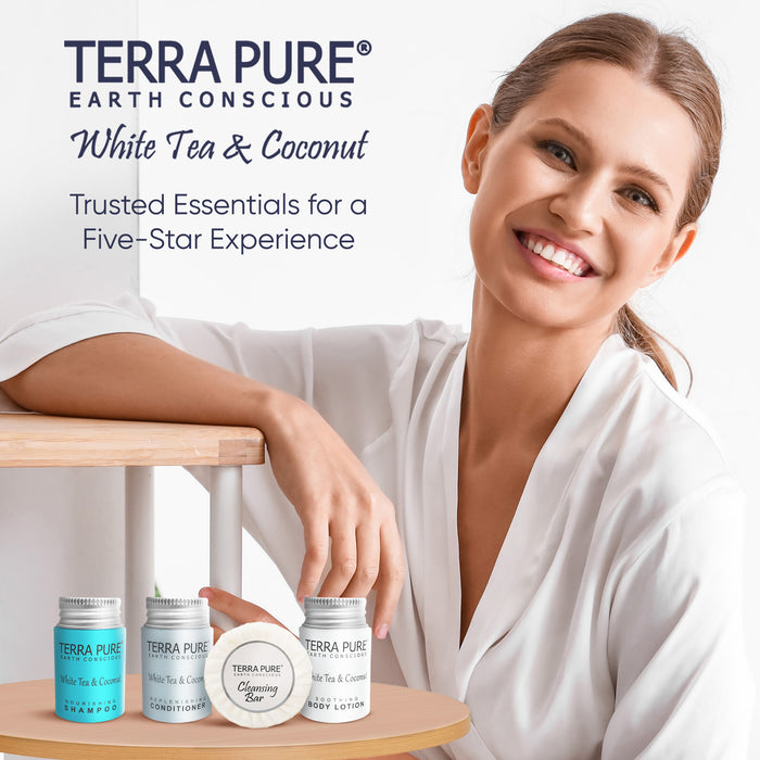 Terra Pure White Tea and Coconut Hotel Soaps and Toiletries Bulk Set|1-Shoppe All-In-Kit Amenities for Hotels & Airbnb|1 oz Hotel Shampoo, Conditioner & Lotion, 1.25 oz Bar Soap Travel Size|200 Pieces