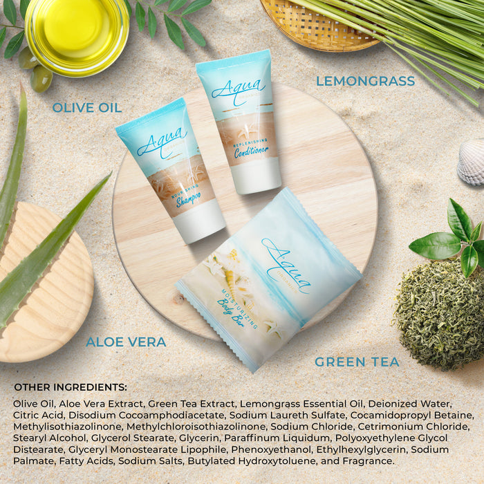 Aqua Organics Hotel Soaps and Toiletries Bulk Set | 1-Shoppe All-In-Kit Amenities for Hotels & Airbnb | 1 oz Hotel Shampoo & Conditioner, 1 oz Bar Soap Travel Size | 150 Pieces