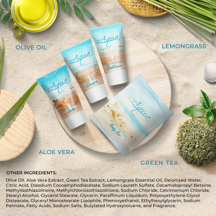 Aqua Organics Hotel Soaps and Toiletries Bulk Set | 1-Shoppe All-In-Kit Amenities for Hotels & Airbnb | 1 oz Hotel Shampoo & Conditioner, 1 oz Bar Soap Travel Size | 150 Pieces
