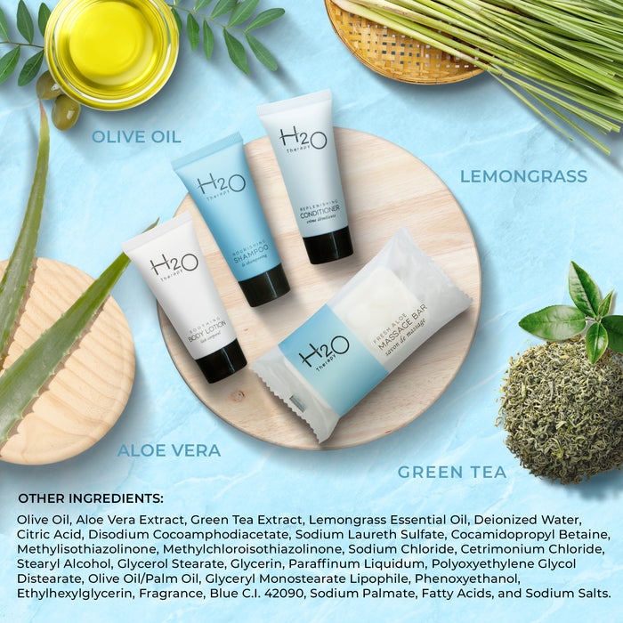 H2O Therapy Hotel Soaps and Toiletries Bulk Set | 1-Shoppe All-In-Kit Amenities for Hotels & Airbnb | 0.85 oz Hotel Shampoo, Conditioner & Lotion, 1 oz Bar Soap Travel Size | 200 Pieces