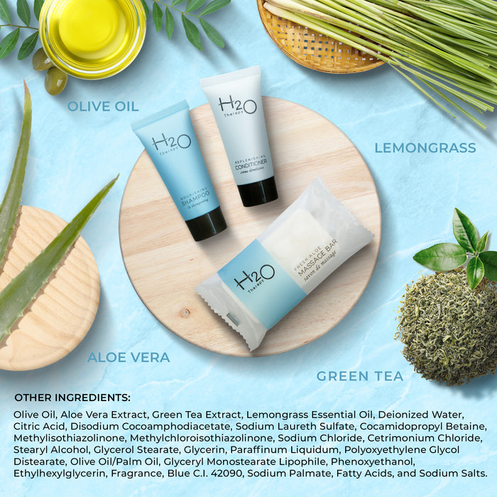 H2O Therapy Hotel Soaps and Toiletries Bulk Set | 1-Shoppe All-In-Kit Amenities for Hotels & Airbnb | 0.85 oz Hotel Shampoo & Conditioner, 1 oz Bar Soap Travel Size | 150 Pieces