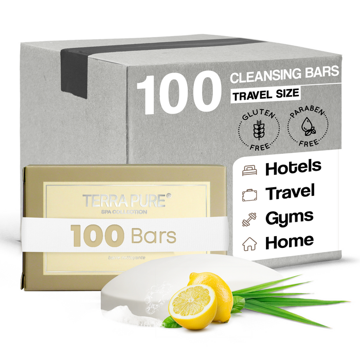 Terra Pure Spa Collection Bulk Set Toiletries | Amenities for Guest Hospitality, Vacation Rental Properties, AirBnBs, Gyms, Airport |Luxury Travel-Size Hotel Cleansing Bar Wash 1.76 oz (Case of 100)